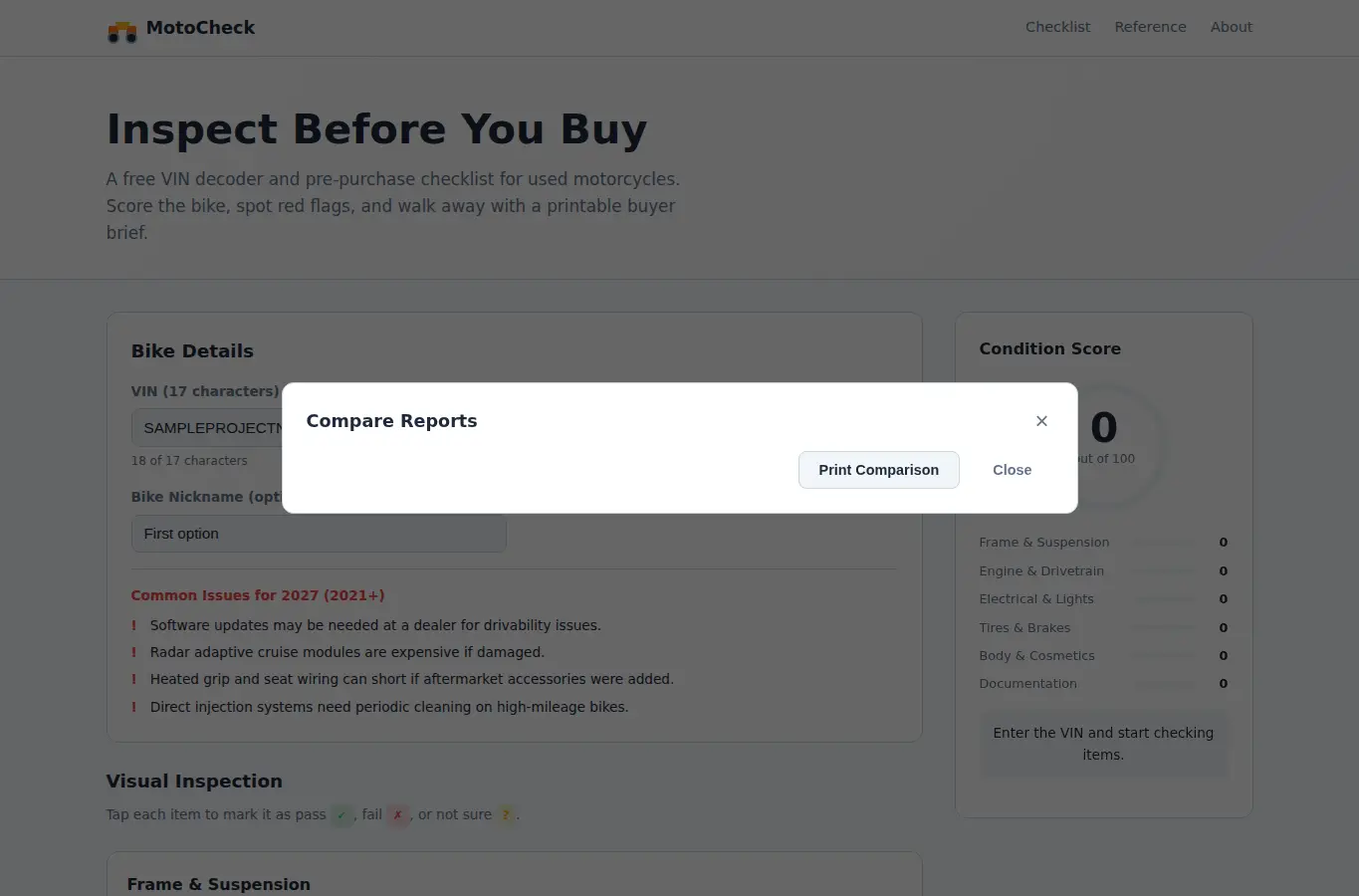 Screenshot of Used Motorcycle VIN History Checklist interface showing the project page in use